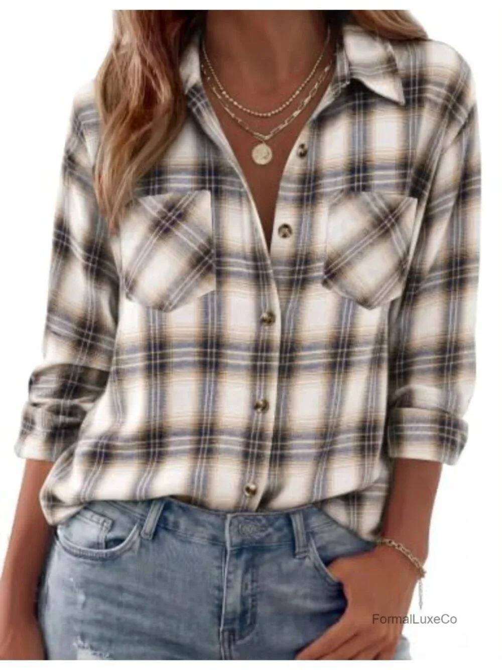 Womens Flannel Shirt Long Sleeve Button Down Casual Plaid Top Lightweight Loose